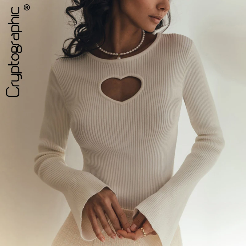 Top Trends: Cryptographic Fall 2023 Heart Cut Out Ribbed Knit Tops For Women Elegant Flare Sleeve Sexy Slim Tops Basic Pullovers Streetwear Shoppable Styles