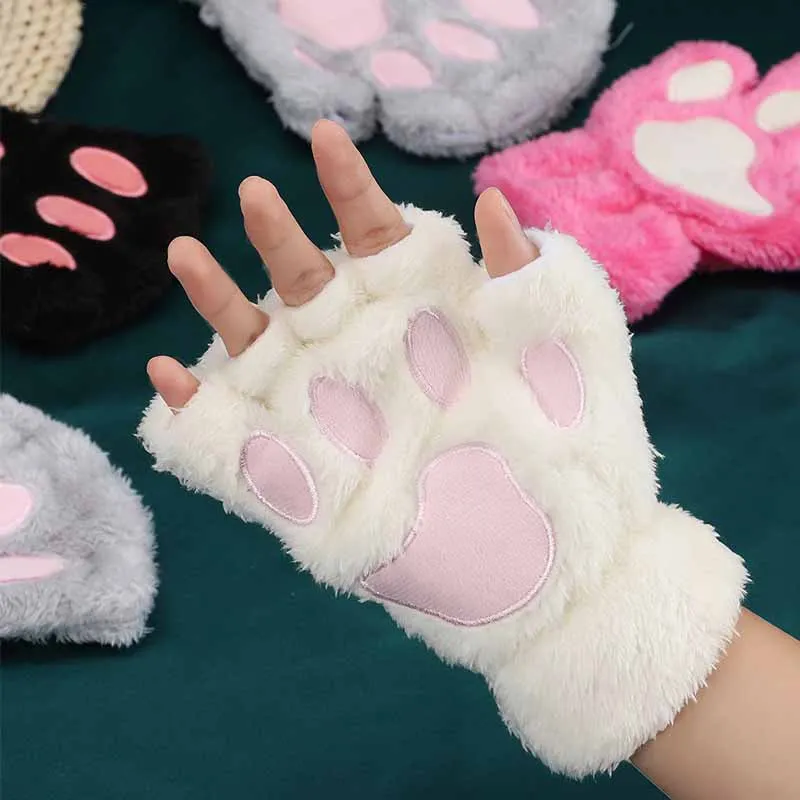 Top Trends: Cartoon Bear Plush Cat Paw Claw Gloves Winter Warm Faux Fur Cute Kitten Gloves Fingerless Mittens Cosplay Gloves For Women Girls Shoppable Styles