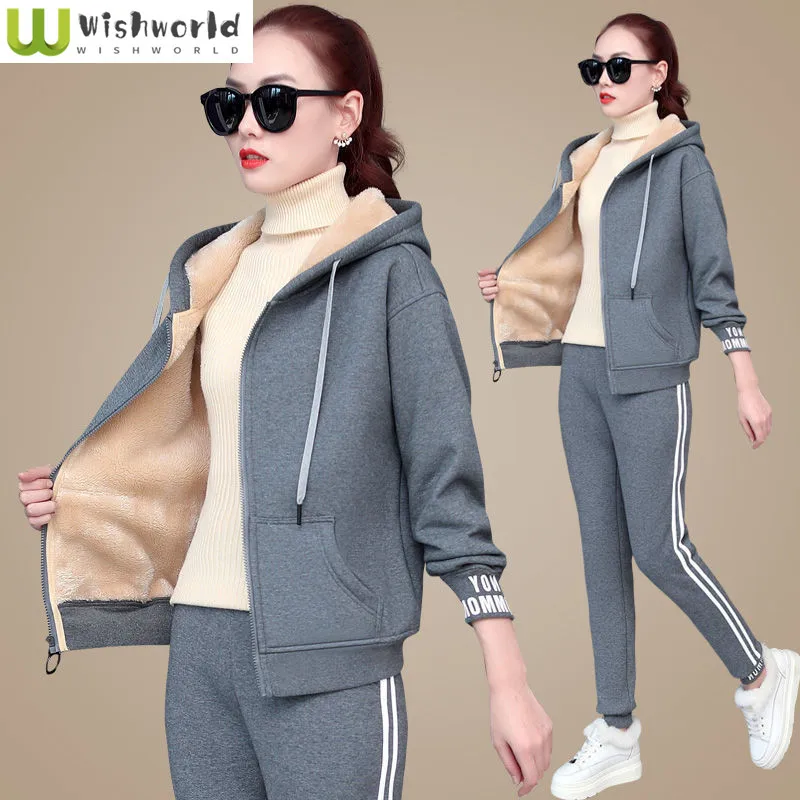 Top Trends: Dark Grey Winter New Plush Thickened Lamb Fleece Hoodie Jacket Casual Wide Leg Pants Two Piece Elegant Women&#039;s Tracksuit Shoppable Styles