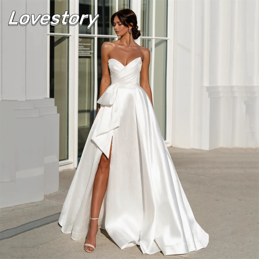 Top Trends: A-Line Wedding Dresses Sweetheart Bride Robes Backless High Split Side Bridal Gown Sleeveless Satin Ribbons Vestidos De Noiva Shoppable Styles