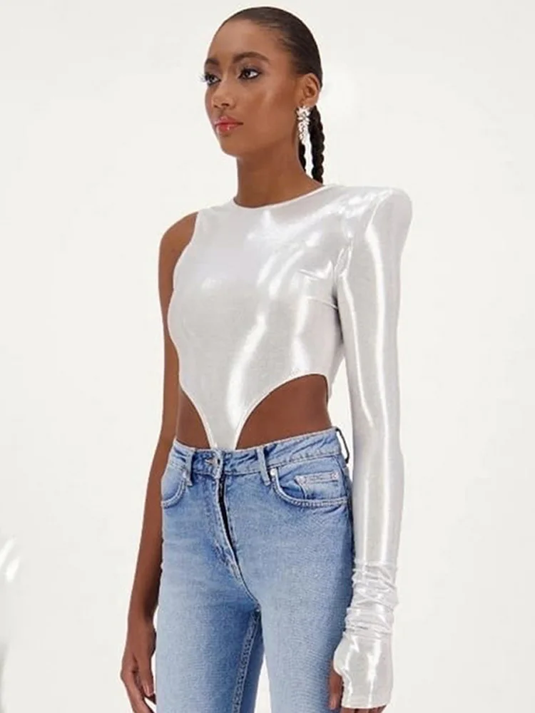 Top Trends: Shoulder Pads Metallic Asymmetrical Sexy Bodysuit Casual Playsuit Soild Splicing Lady Jumpsuit Slim Fit O-Neck Streetwear Tops Shoppable Styles