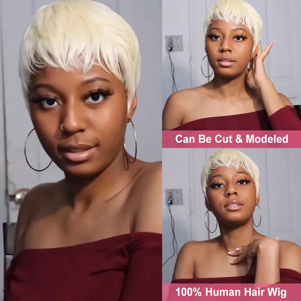 Top Trends: 613 Honey Blonde Color Lace Wig Short Wavy Bob Pixie Cut Full Machine Made Human Hair Wigs With Bangs For Black Women Remy Jodir Shoppable Styles - Image 6