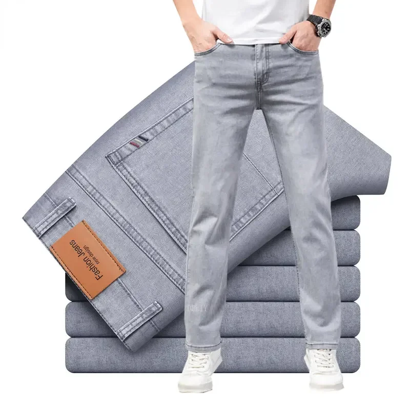 Top Trends: 2024 Brand Thin Or Thick Material Straight Cotton Stretch Denim Men's Business Casual High Waist Light Grey Blue Jeans Shoppable Styles