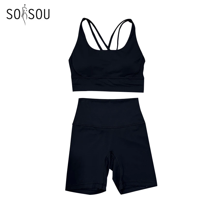 Top Trends: SOISOU Nylon Gym Yoga Set Women's Tracksuit Cycling Shorts Set Tight Elastic Short Chest Pad Removable Bra Womens Clothing Shoppable Styles