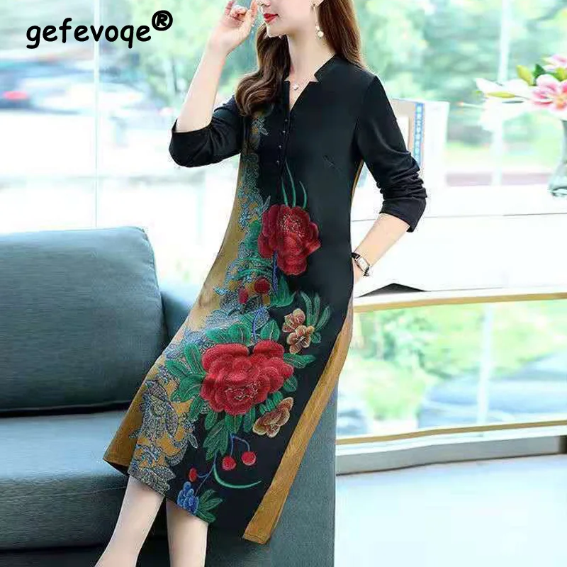 Top Trends: Vintage Elegant Chic Floral Printed Embroidery Midi Dress Women Spring Autumn Fashion V Neck Long Sleeve Slim Party Dresses Robe Shoppable Styles