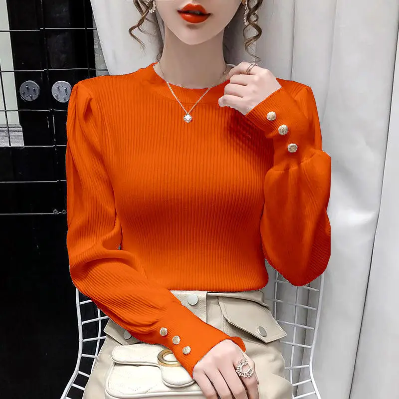 Top Trends: Elegant O-Neck Knitted Button Puff Sleeve Sweaters Women Clothing 2023 Autumn Winter Loose Korean Pullovers Commute Tops Shoppable Styles