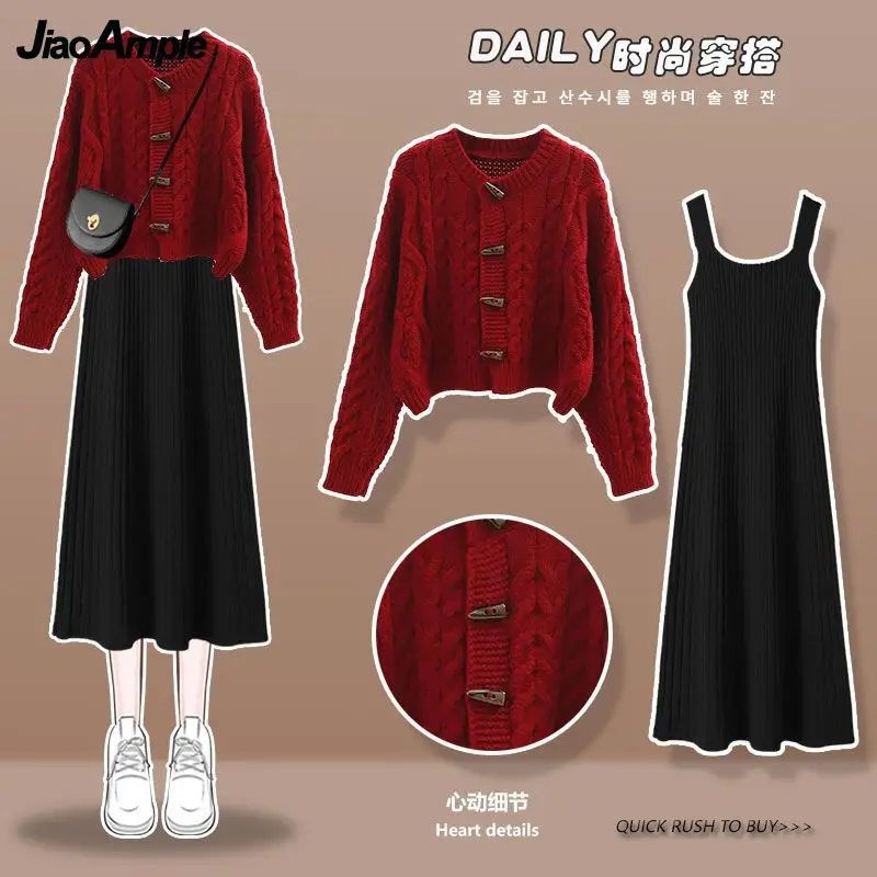 Top Trends: 2023 Autumn Winter Korean Elegant New In Matching Set Women&#039;s Casual Knitted Sweater Jacket Strap Dress Two Piece Female Clothes Shoppable Styles