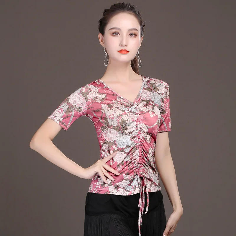 Top Trends: 2023 Modern Latin Dance Tops Blouse Female Summer Short Sleeve Pull Rope Training Suit Ice Silk Screen Flower Dancing Costume Shoppable Styles