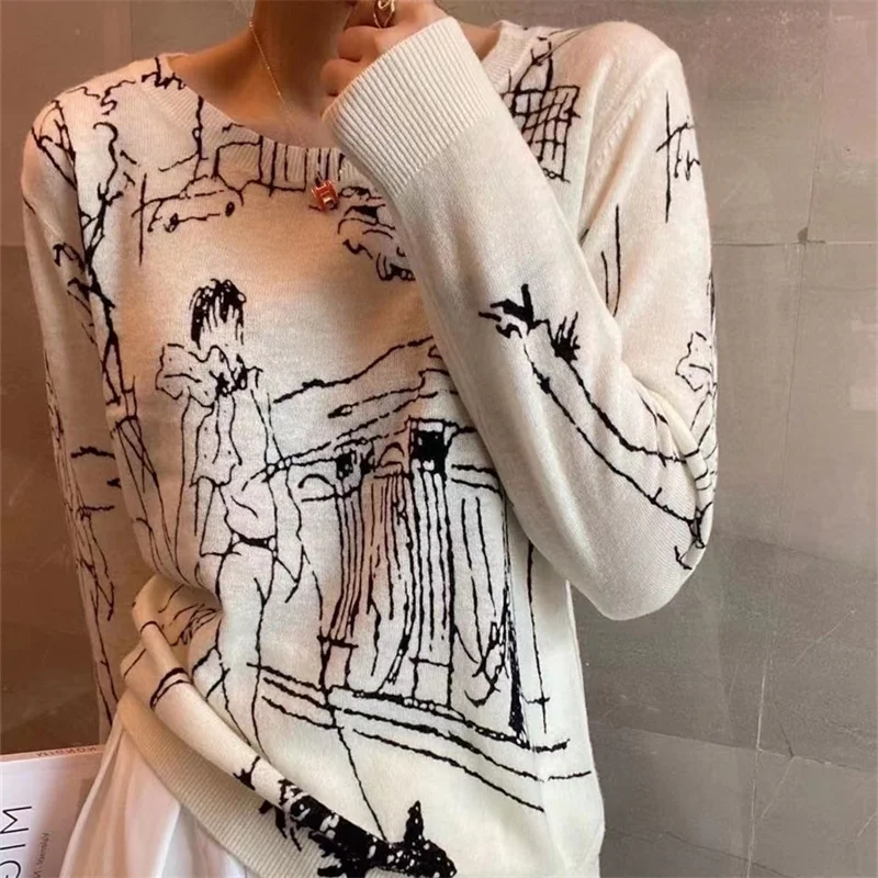 Top Trends: 2023 Refined Imitation Wool Knit T-Shirt Women's Long Sleeve Top Graffiti Digital Jacquard Pullover Ladies Sweater Summer Thin Shoppable Styles