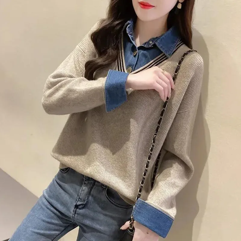 Top Trends: New Spring And Autumn Fashion Trend Fake Two Piece Panel Denim Shirt Collar Loose Versatile Casual Age Reducing Women&#039;s Sweater Shoppable Styles