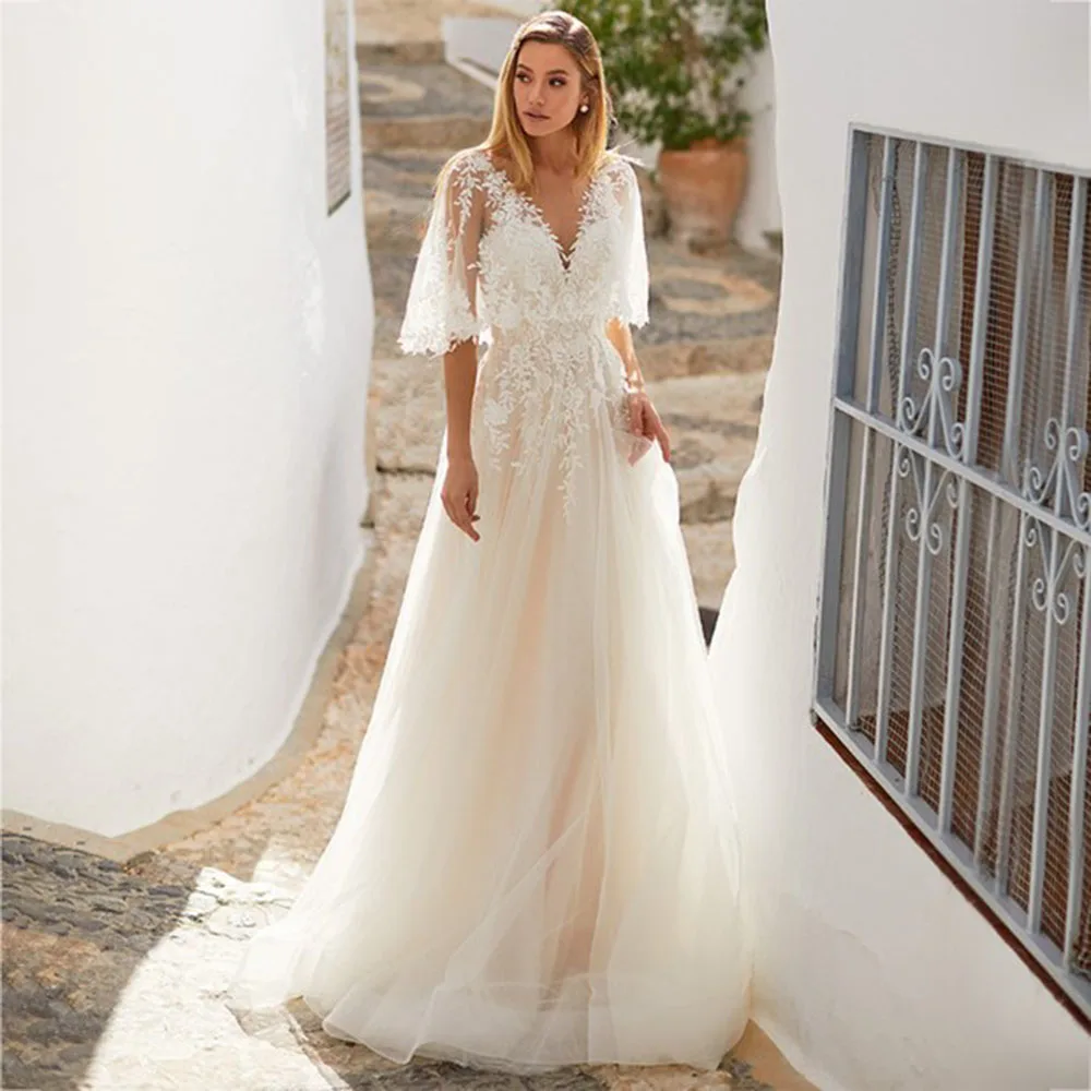 Top Trends: LoveDress V-Neck Wedding Dress Half Shawl Sleeve Lace Appliques Boho Backless Bride Gown A-Line Sweep Train Vestido De Novia Shoppable Styles