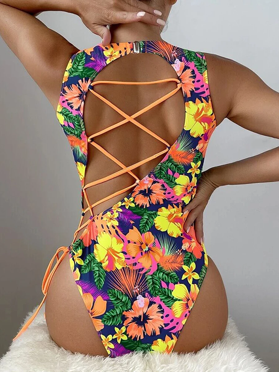 Top Trends: 2023 Lace Up Back Swimsuit One Piece Printed Swimwear Women Sexy Backless Bathing Swimming Suit Female Padded Beachwear Bodysuit Shoppable Styles