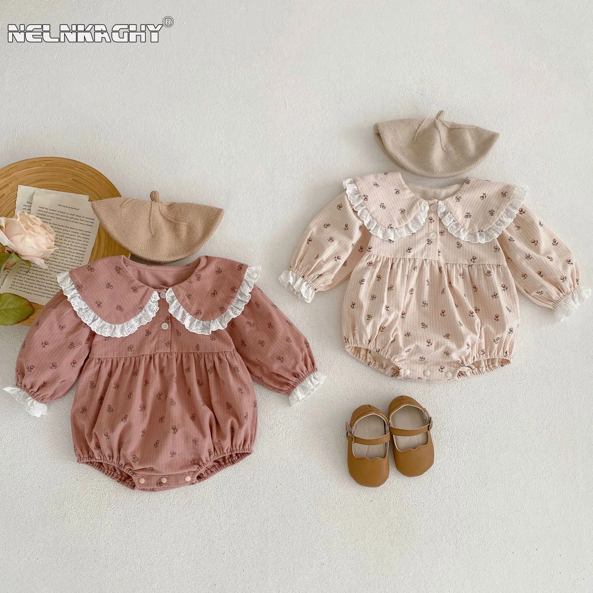 Top Trends: 2023 Autumn Infant Baby Girls Full Sleeve Peter Pan Collar Lace Ruched Floral One-piece Newborn Kids Jumpsuits Toddler Bodysuits Shoppable Styles