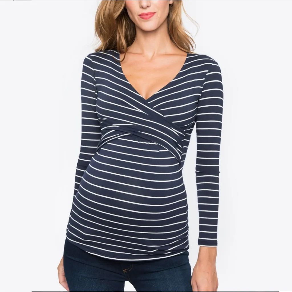 Top Trends: New Women's Striped Maternity Long Sleeve Solid Color Nursing Top T Shirt V Neck Fashion Casual Maternity Breastfeeding Top Shoppable Styles