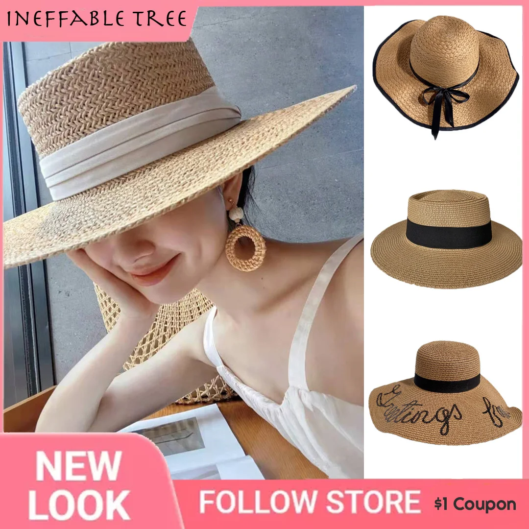 Top Trends: INS French Style Women Summer Sun Beach Flat Straw Hat Kawaii Vacation Panama Straw Woven Small Top Hat White Ribbon Bow Gorras Shoppable Styles