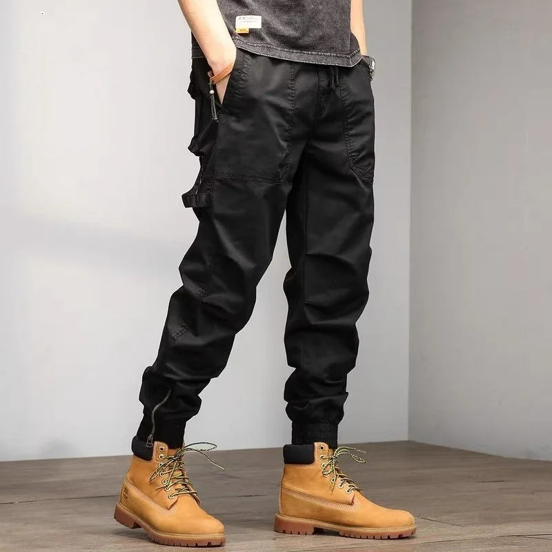 Top Trends: Classic Cotton Solid Color Pocket Cargo Pants Men's Fashion Brand Waist Drawstring Street Casual Male Slim Trousers Versatile Shoppable Styles - Image 5