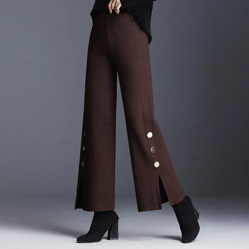 Top Trends: Fashion Women Vintage Wool Wide Leg Pants Spring Autumn Korean High Waist Solid Loose Casual Button Split Straight Trousers 2023 Shoppable Styles