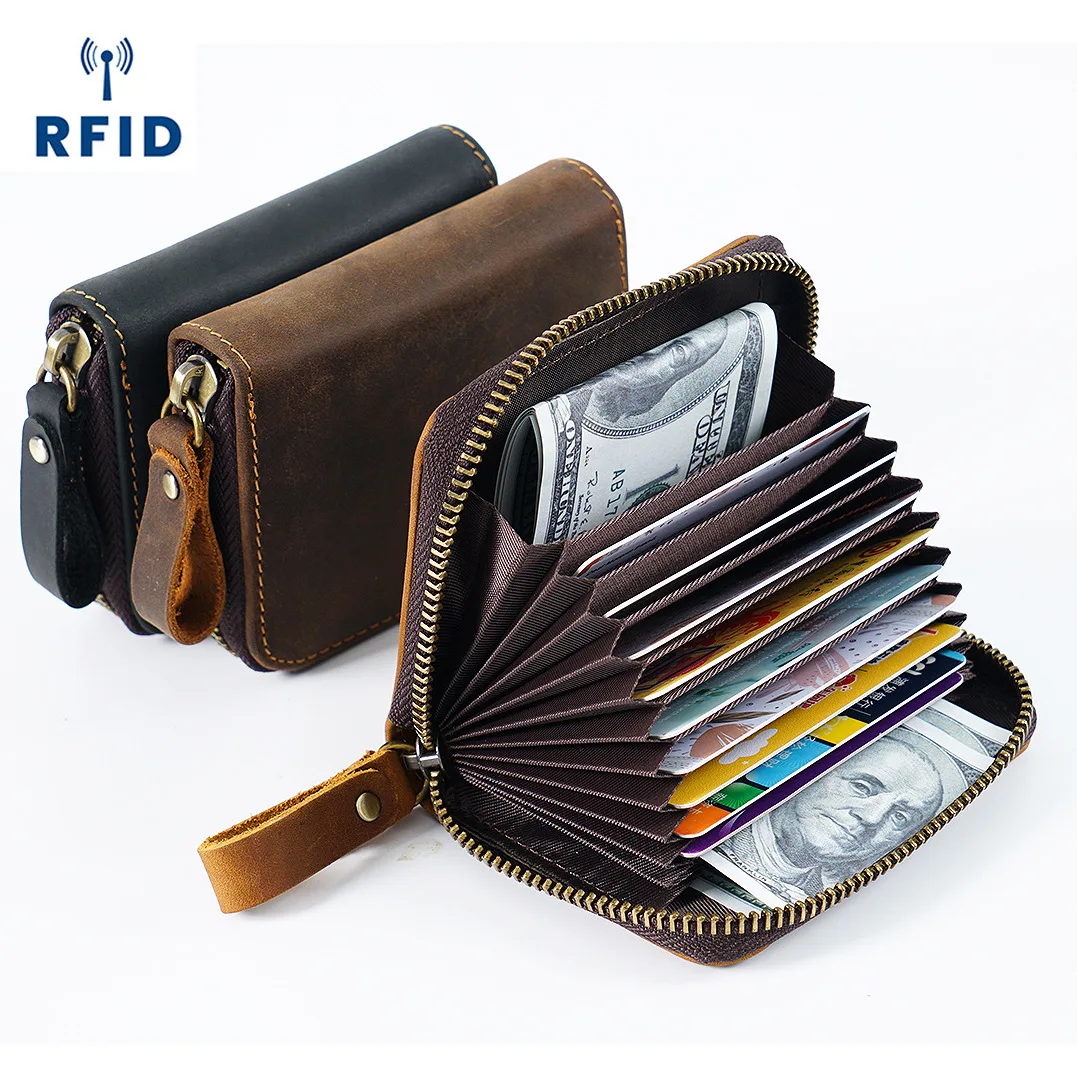 Top Trends: Crazy Horse Leather Card Holder For Men Zipper Card Wallet Rfid Card Purse For Male Carteras With Cardholders Woman Purse Shoppable Styles