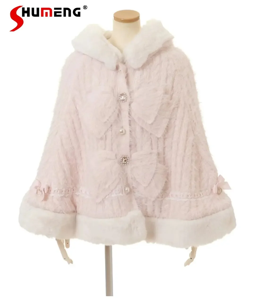 Top Trends: Japanese Sweet Double-Layer Large Ribbon Design Hooded Sweater Coat 2023 Winter New Soft Thickened Knitted Cloak Three Colors Shoppable Styles