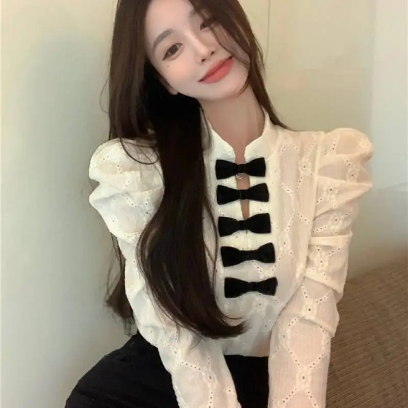 Top Trends: Women's Shirt French Bow Design Sense Small Long Sleeve Shirt 2022 Spring And Autumn New Slim Lace Top Shoppable Styles