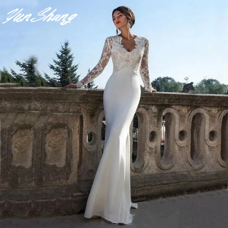 Top Trends: YunShang Lace Long Sleeve Mermaid Wedding Dress For Women With Train Elastic Appliques Bridal Gown Zipper Back Custom Made Shoppable Styles