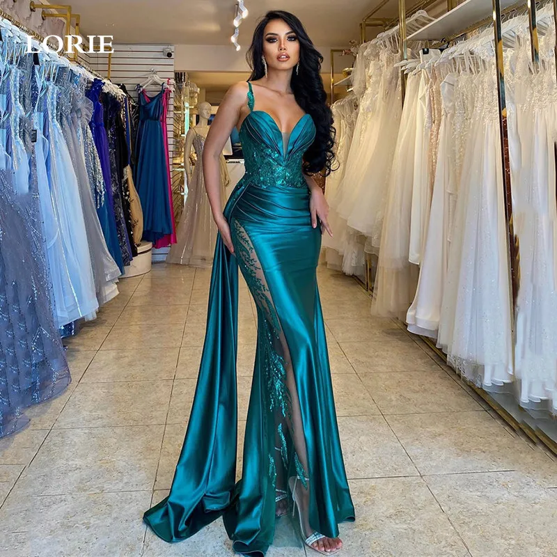 Top Trends: LORIE Hunter Spaghetti Straps Green Mermaid Evening Dresses Side Split Summer Lace Prom Gowns Evening Party Dress Shoppable Styles