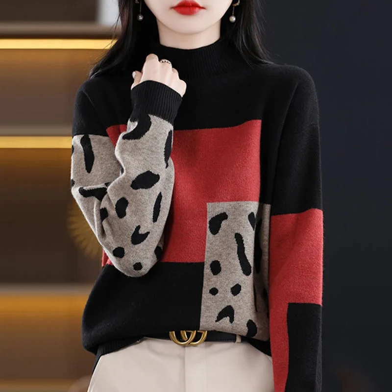 Top Trends: Women Clothes Knitted Leopard Jacquard Sweaters Winter Contrast Style O-neck Pullovers Fashion Vintage All-match Knitwear Shoppable Styles