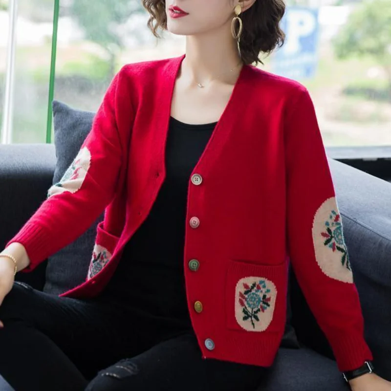 Top Trends: Fashion Casual Women Cardigans Sweater Spring Autumn V-Neck Embroidery Korean Vintage Versatile Loose Long Sleeve Knitted Coats Shoppable Styles