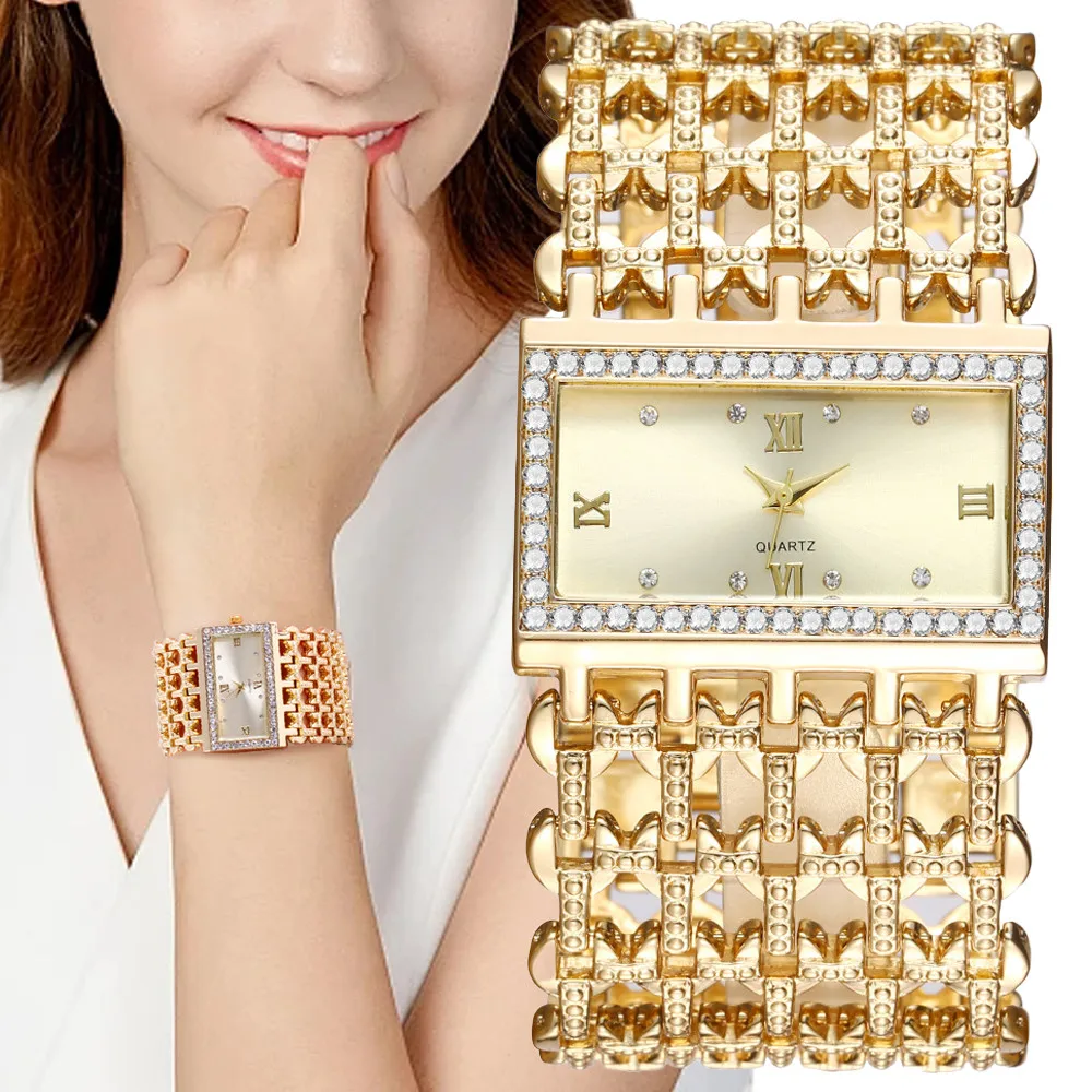 Top Trends: Luxury Ladies Simple Diamond Set Square Bracelet Quartz Watches Fashion Gold Stainless Steel Skeleton Women Clock Dress Watch Shoppable Styles