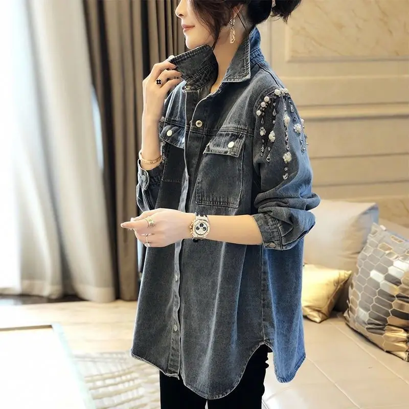 Top Trends: Casual Denim Polo-Neck Shirt Fashion Pearl Beading Spring Autumn Pockets Spliced Female Clothing Single-breasted Loose Blouse Shoppable Styles