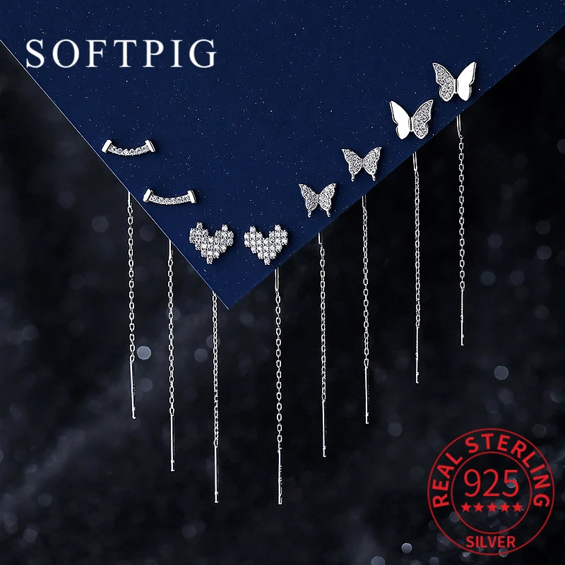 Top Trends: SOFTPIG Real 925 Sterling Silver Zircon CZ Butterfly Heart 5CM Short Tassel Drop Earrings For Women Cute Minimalist Fine Jewelry Shoppable Styles