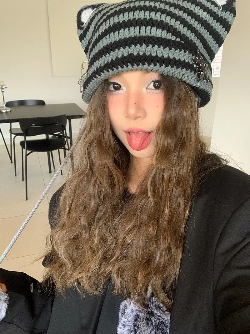 Top Trends: Handmade Y2k Japanese Cat Ear Beanies Rabbit Hair Pom-pom Striped Sweetheart Girl Knit Cap Autumn And Winter Warm Women's Hats Shoppable Styles - Image 3