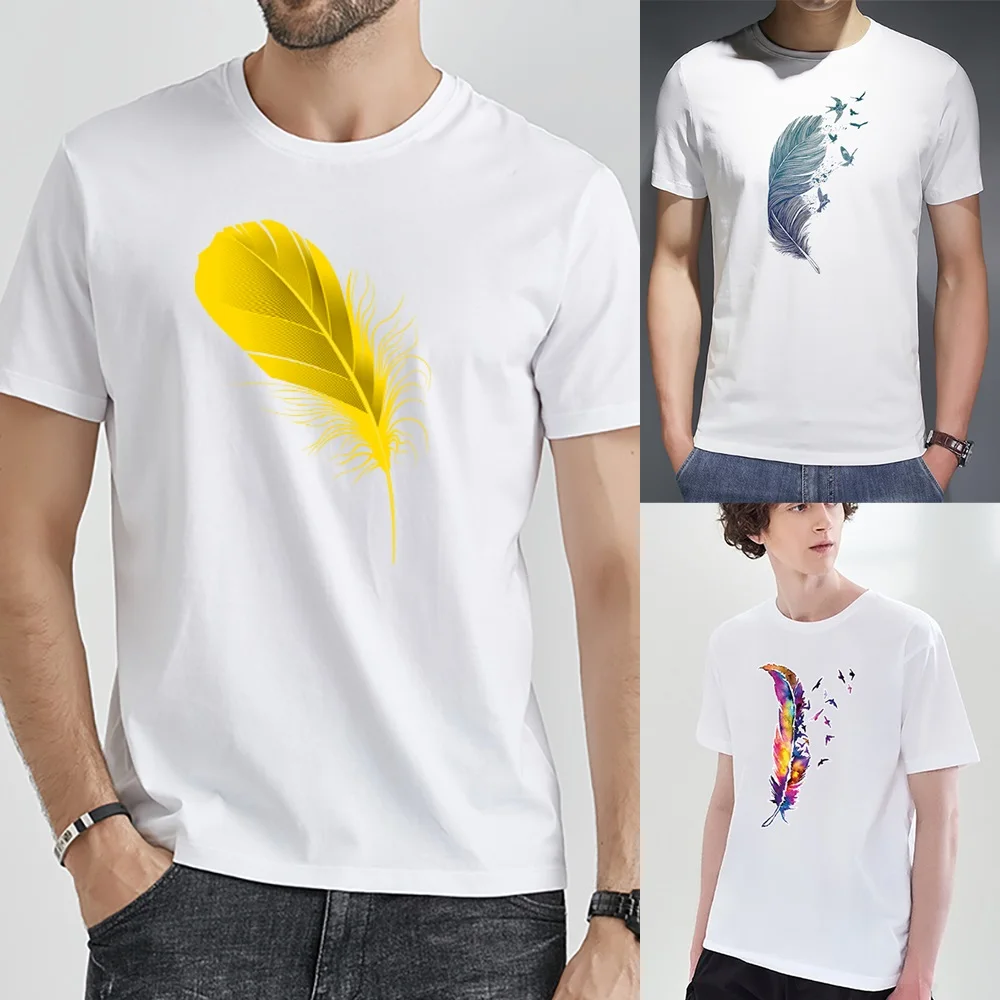 Top Trends: 2022 Summer T Shirt Men Series Casual Slim Top O-Neck Harajuku Fashion Short Sleeve Feather Printed Tshirt Hip Hop Streetwear Shoppable Styles