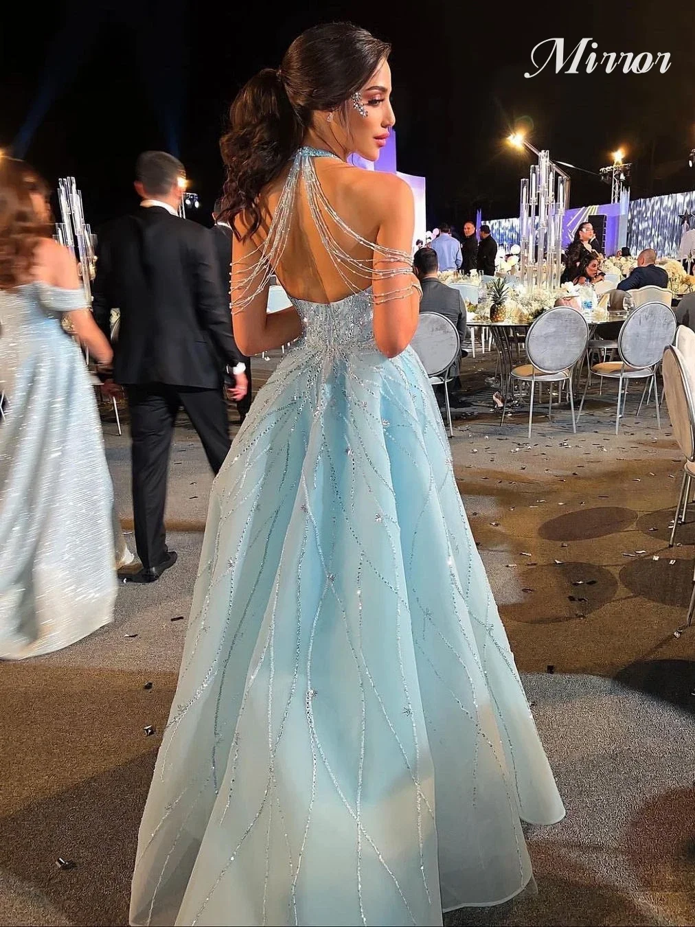 Top Trends: Mirror Dress Elegant Vintage Sweet Blue Sequins Beading Sexy Backless A-Line Formal Occasion Prom Dress Evening Party Gowns Shoppable Styles