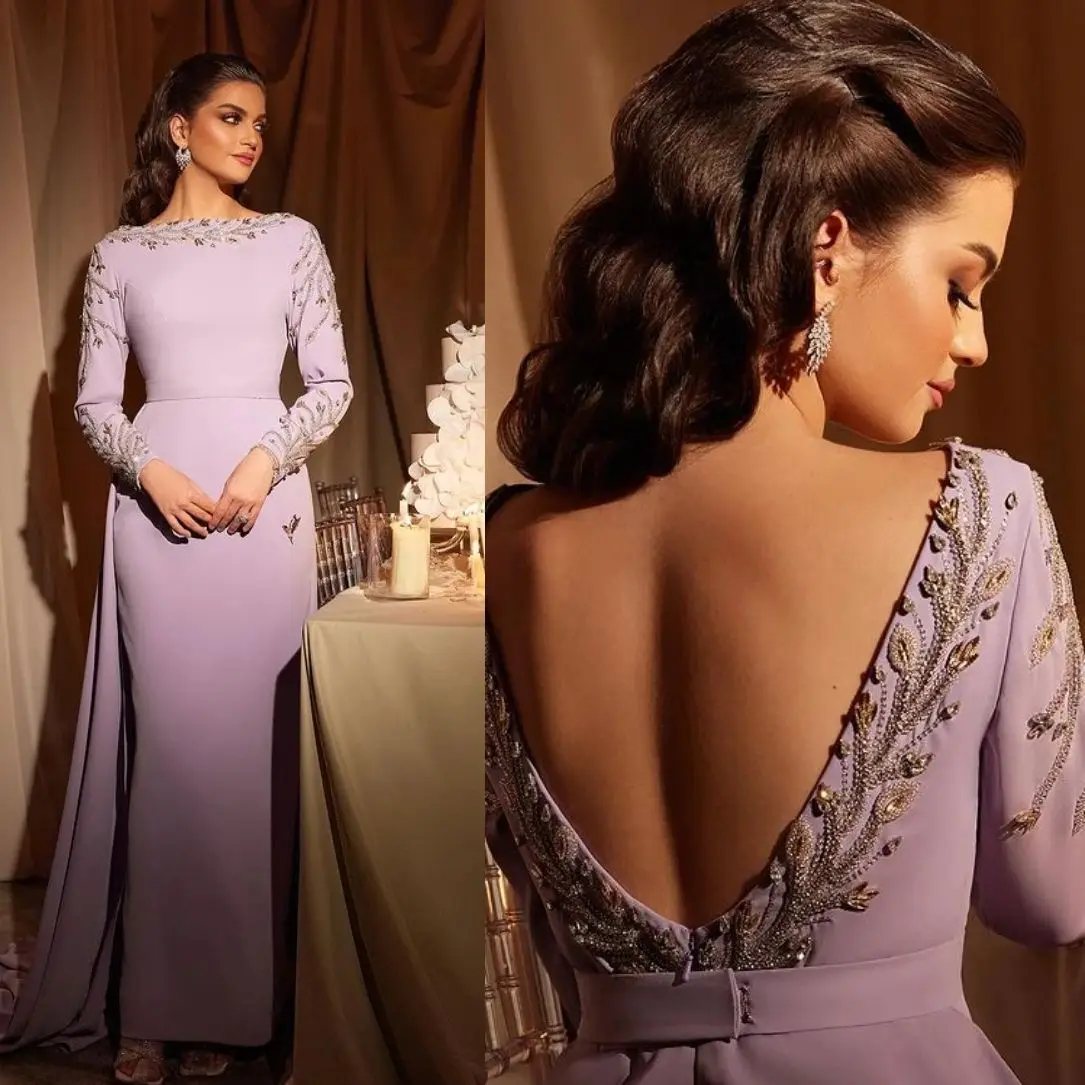 Top Trends: Lilac Evening Dresses Beads Crystal Backless Long Sleeves Prom Dresses Removable Train Mermaid Gorgeous Saudi Arabia Party Gown Shoppable Styles