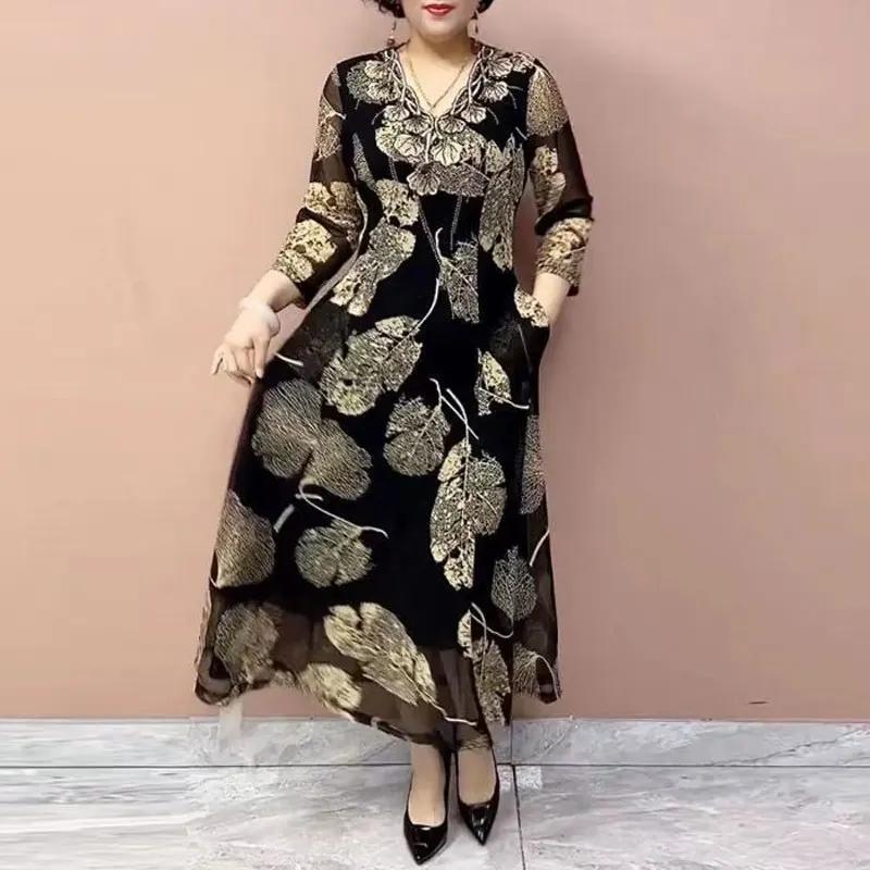 Top Trends: Female Clothing Vintage Leaf Printed Long Dress Elegant V-Neck Spring Summer New Casual 3 / 4 Sleeve Chic Diamonds A-Line Dresses Shoppable Styles