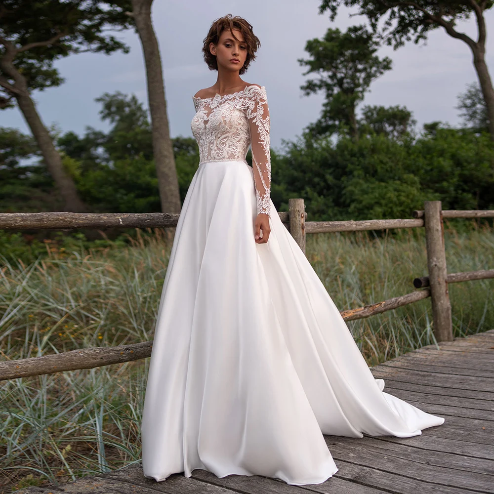 Top Trends: Luxury Boat Neck Wedding Dress 2022 Bride Pastorl Applique Lace A-line Bridal Dress With Long Sleeve Pearl Abiti Da Sposa 2022 Shoppable Styles