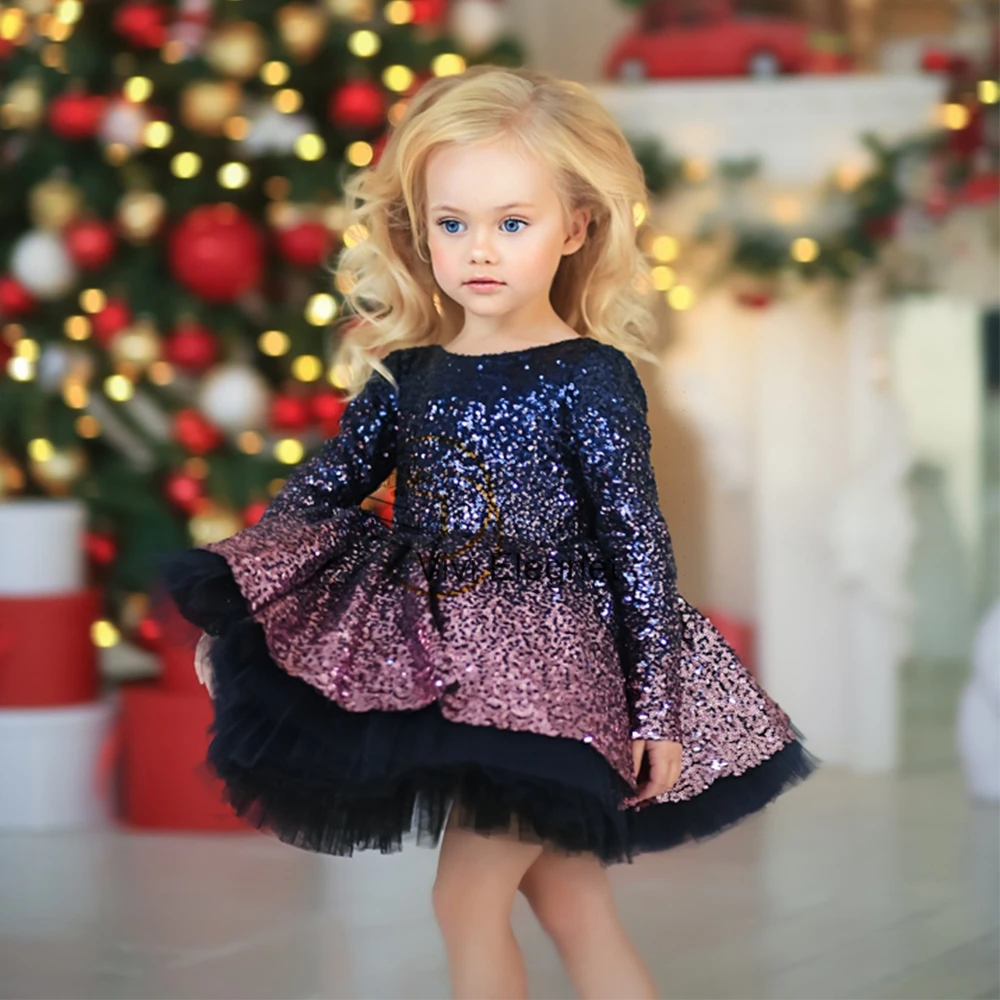 Top Trends: Tutu Christmas Gowns With Seuqined Tiered Knee Length Full Sleeve Flower Girls Dresses 2023 Winter Zippper Back فلور فتاة اللباس Shoppable Styles