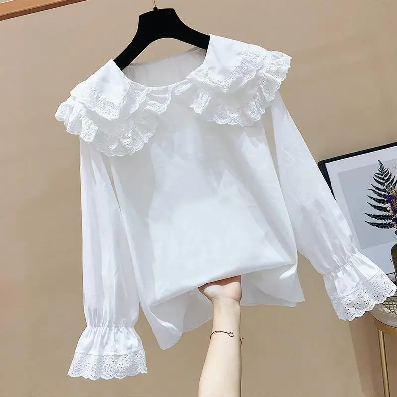 Top Trends: Spring Autumn New White Lace Patchwork Tops Shirts Long Sleeve Solid Color Loose All-match Blouse Korean Fashion Women Clothing Shoppable Styles