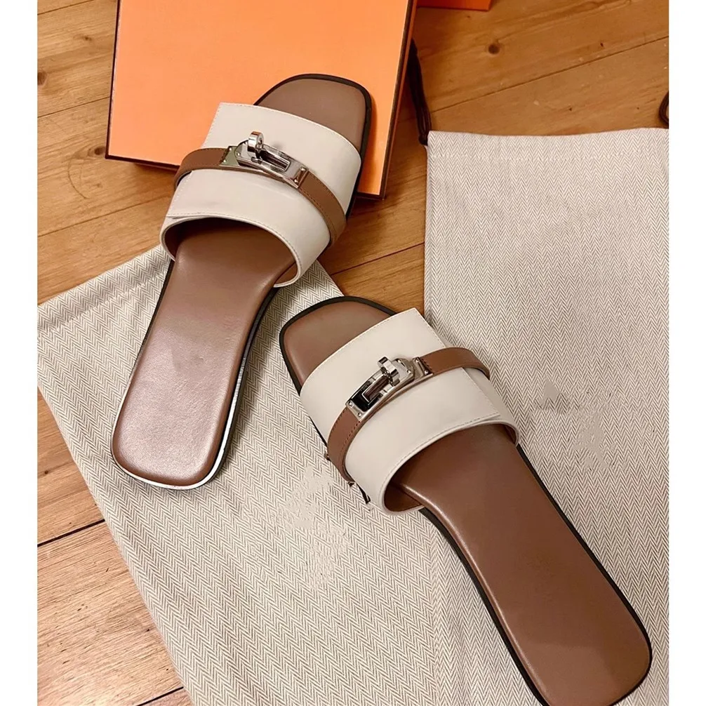 Top Trends: Cowhide Genuine Leather Flat Slippers Luxury Brand Design Small Gold Buckle Half Shoes For Women Summer High-End French Design Shoppable Styles