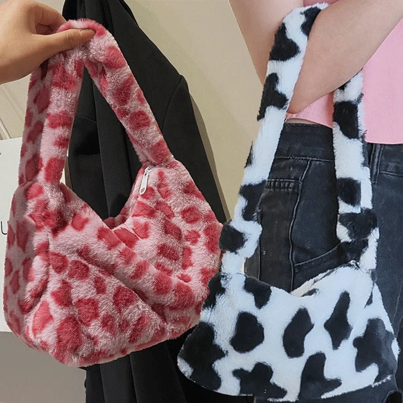 Top Trends: Women Cow Print Mini Shoulder Bags Plush Print Shopper Purses Female Handbag Winter Plush Underarm Bags Fluffy Tote Bags Purses Shoppable Styles