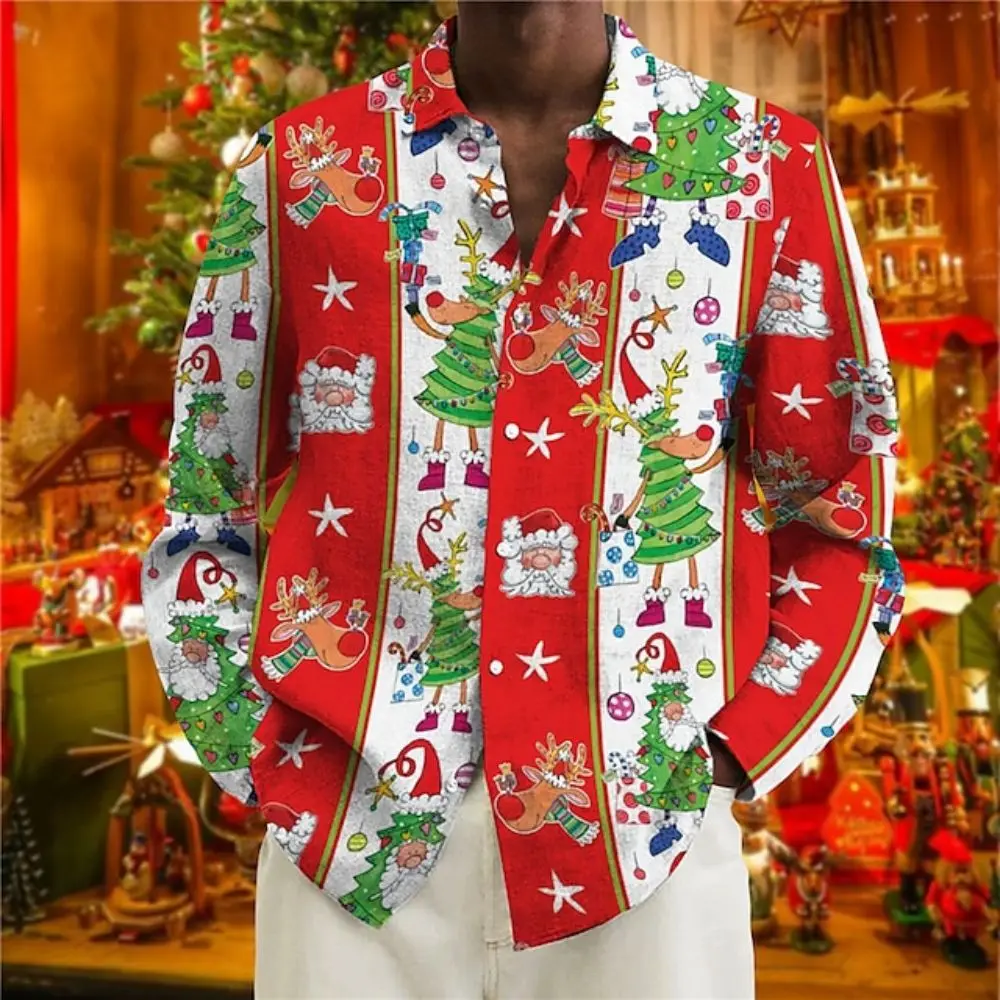 Top Trends: 2023 Men Christmas Shirts Tops Long Christmas Graphic Print Tees Summer Lapel Fashion Hawaiian Shirts Holiday Oversized Clothing Shoppable Styles