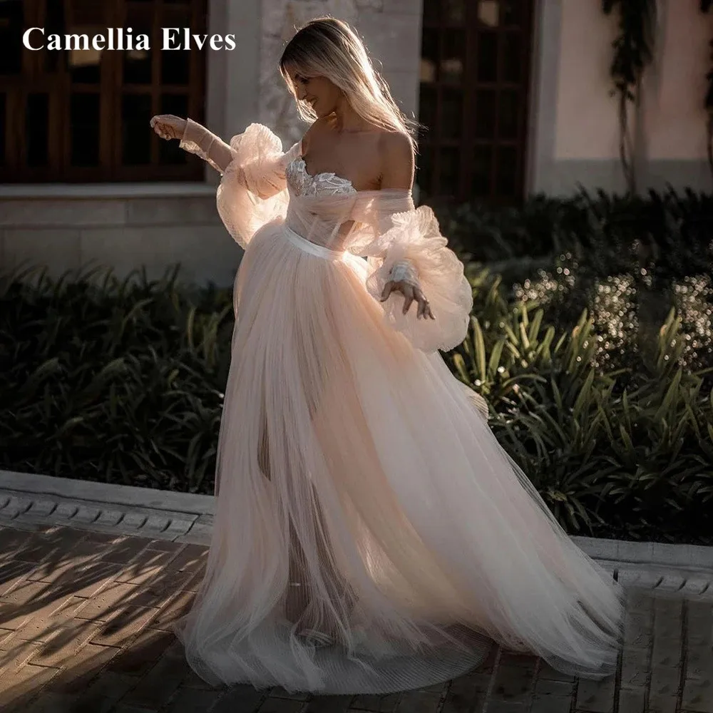 Top Trends: Boho Sweetheart Wedding Dresses 2022 For Woman Long Puff Sleeves Tulle Beach Bridal Gowns A-Line Bride Dress Vestidos De Novia Shoppable Styles