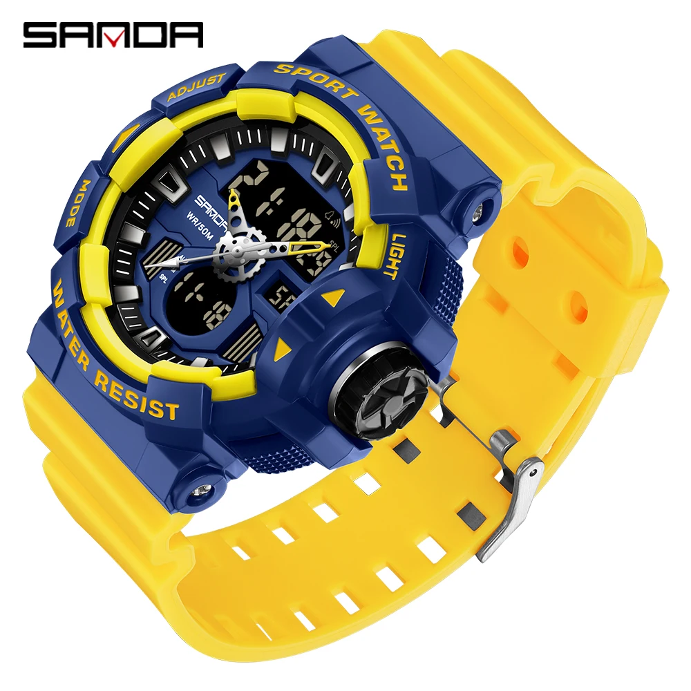 Top Trends: SANDA Men Military Sport Wrist Watch Yellow Blue Quartz Waterproof Watch Dual Display Male Clock Watches Relogio Masculino 3129 Shoppable Styles