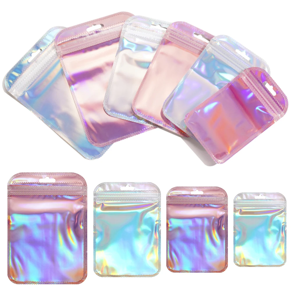 Top Trends: 50pcs / Lot Iridescent Ziplock Bags Transparent Laser Thicken Plastic Seal Bags For Jewelry Earrings Pendants Display Handicrafts Shoppable Styles