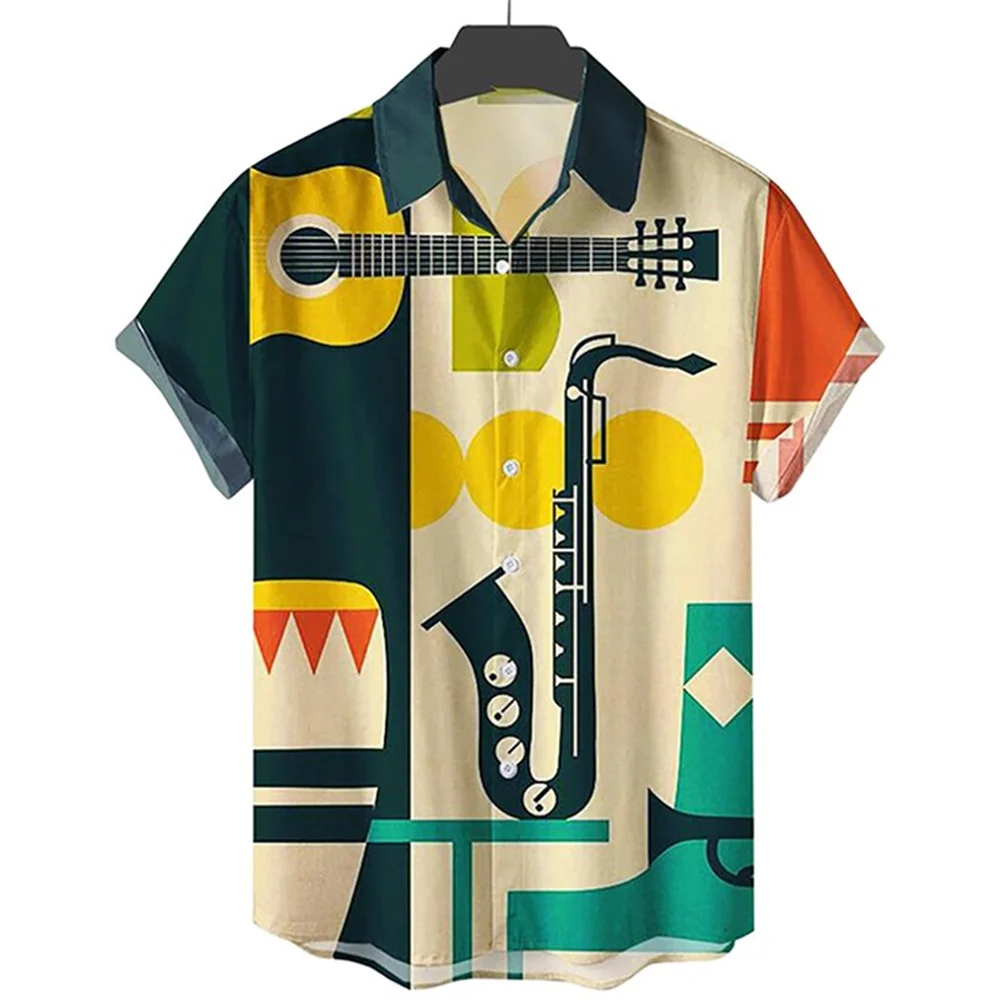 Top Trends: 2022 Men's Shirts Men Hawaiian Casual Button Shirts Musical Instruments Printed Short-sleeve Beach Blouses Tops Camicias Shoppable Styles