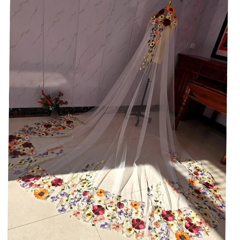 Top Trends: Embroidery Three-dimensional Flower Veil Church Wedding Accessories 3 Meters Wide Wedding Bride 2024 Lawn Veil With Hair Comb Shoppable Styles