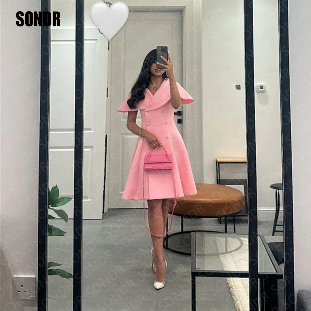 Top Trends: SONDR Simple Pink A Line Short Button Evening Dresses V Neck Short Sleeves Mini Formal Party Night Prom Gowns Dress Vestidos Shoppable Styles