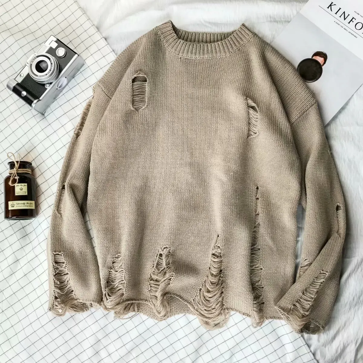 Top Trends: Pullovers Men Couples Hole Ripped Loose Solid Simple Leisure Knitted Sweater Male Trendy Harajuku Stylish Shoppable Styles