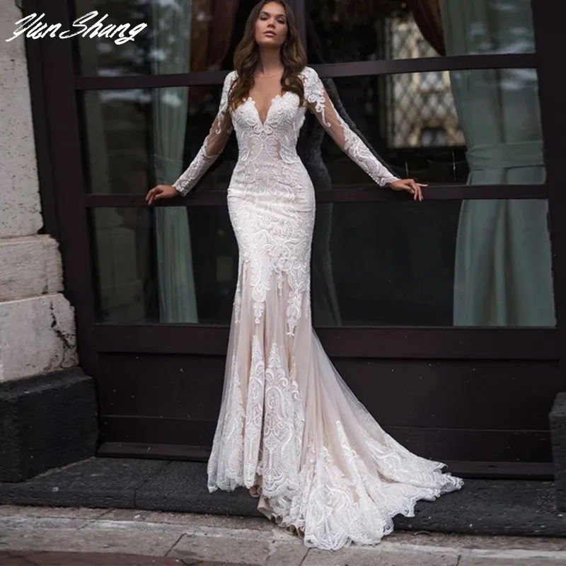 Top Trends: YunShang Lurxury Long Sleeve Lace Mermaid Wedding Dresses Illusion Bridal Gowns Button Back O-Neck Sweep Train Vestido De Novia Shoppable Styles